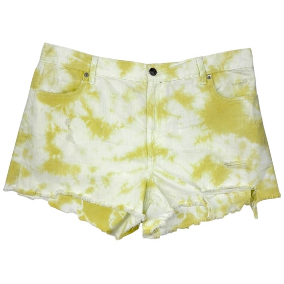 aerie Pants - Aerie Yellow Tie Dye Distressed Denim Shorts XL NWT Raw Hem Festival Summer